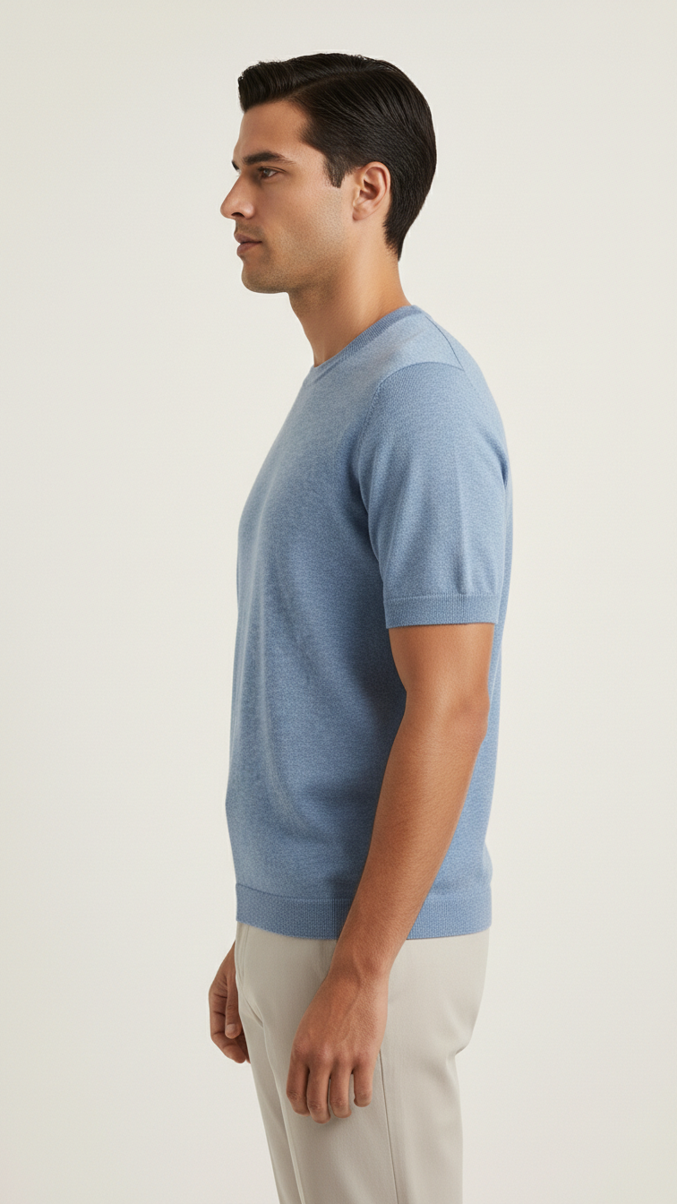 Light Blue Ribbed-Trim T-Shirt