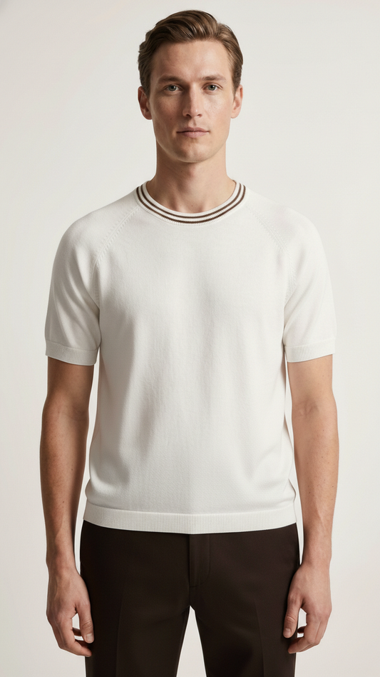 Striped Trim - Cream & Brown T-Shirt