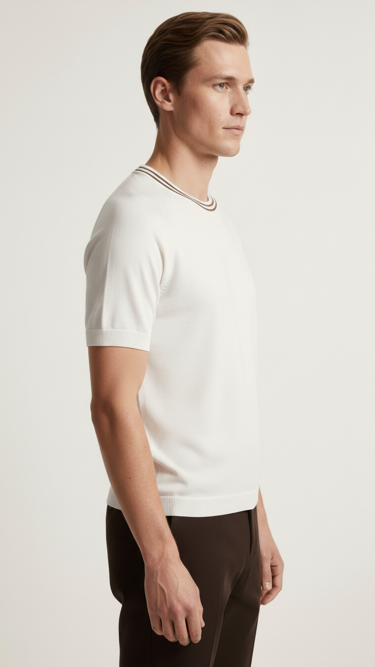 Striped Trim - Cream & Brown T-Shirt