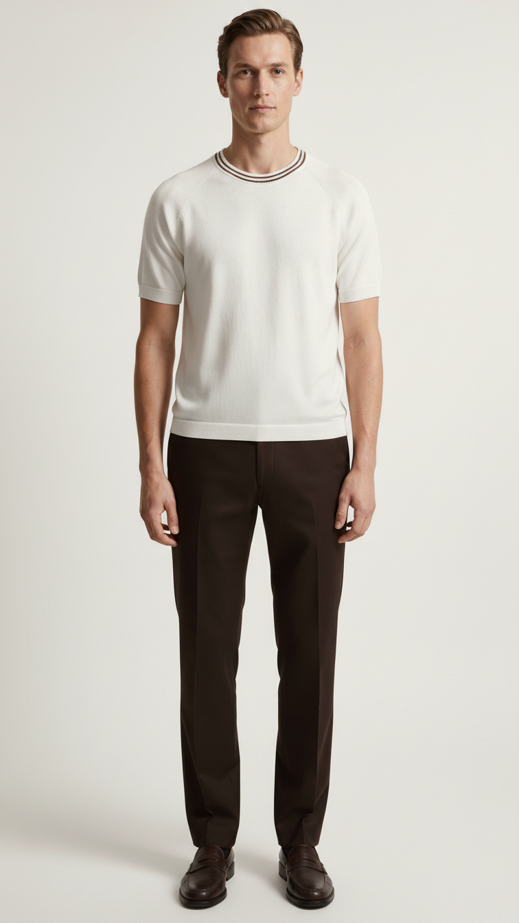 Striped Trim - Cream & Brown T-Shirt
