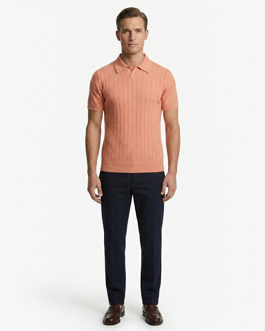 Kalidas Riviera Rib Knit Polo – Coral Peach