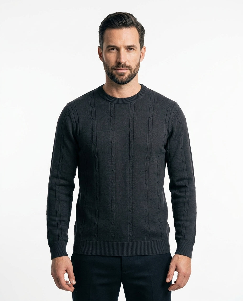 Heritage Cable Knit Crew Neck Sweater – Charcoal Black