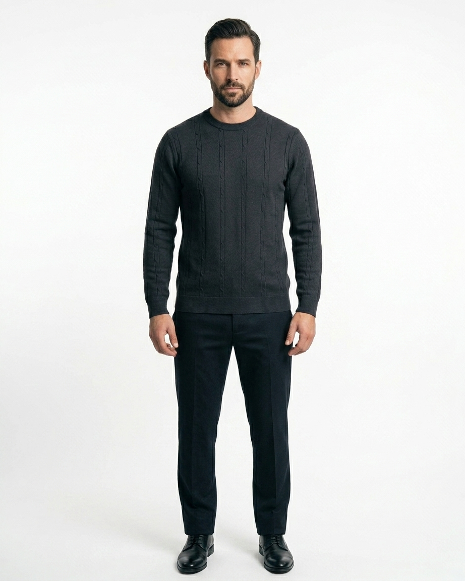 Heritage Cable Knit Crew Neck Sweater – Charcoal Black