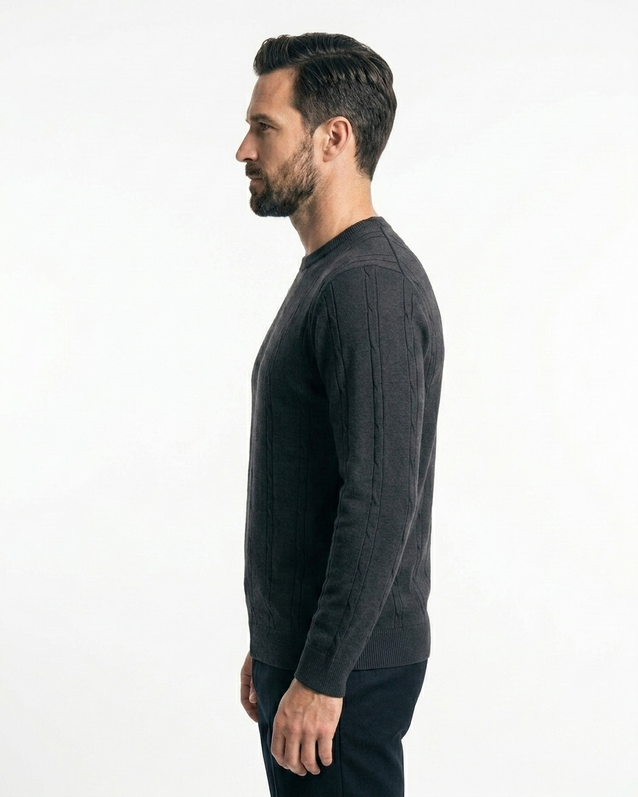 Heritage Cable Knit Crew Neck Sweater – Charcoal Black