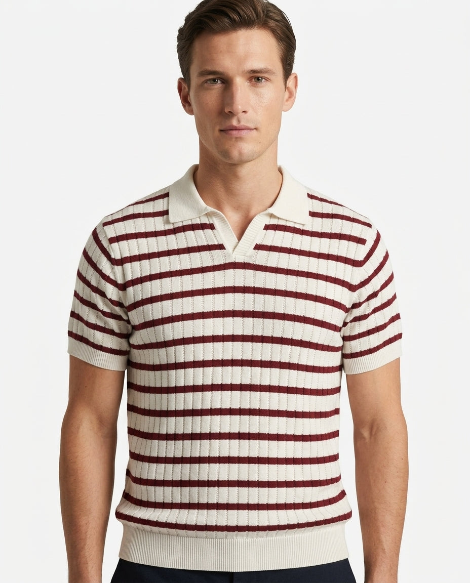 Kalidas Riviera Striped Rib Knit Polo – Ivory & Burgundy