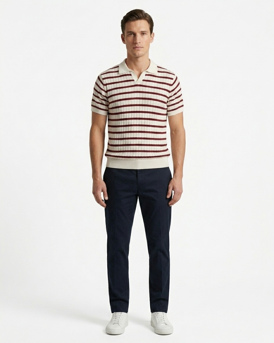 Kalidas Riviera Striped Rib Knit Polo – Ivory & Burgundy