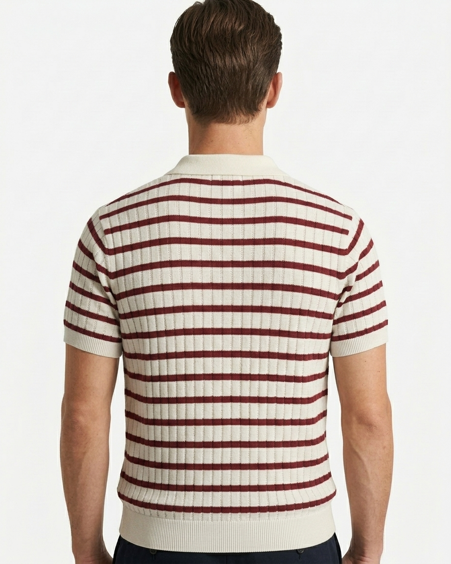 Kalidas Riviera Striped Rib Knit Polo – Ivory & Burgundy