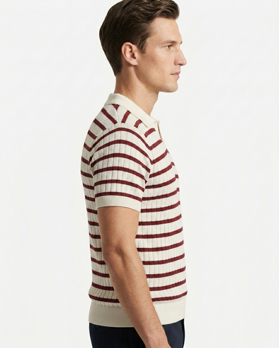 Kalidas Riviera Striped Rib Knit Polo – Ivory & Burgundy
