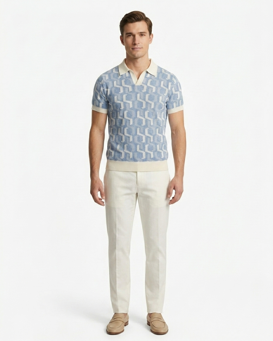 Kalidas Riviera Jacquard Flat Knit Polo – Sky Blue