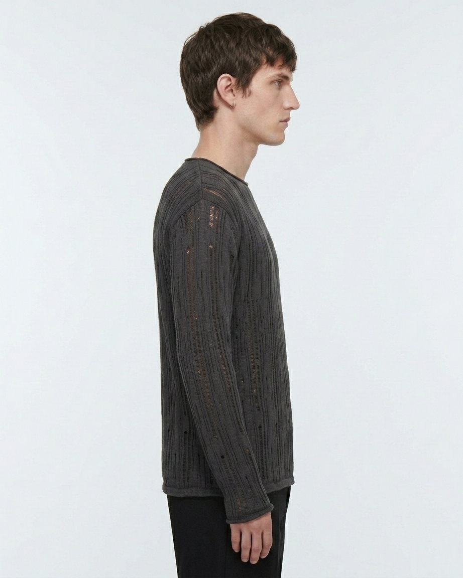 Kalidas Noir Open Knit Crew Neck Sweater – Charcoal Black