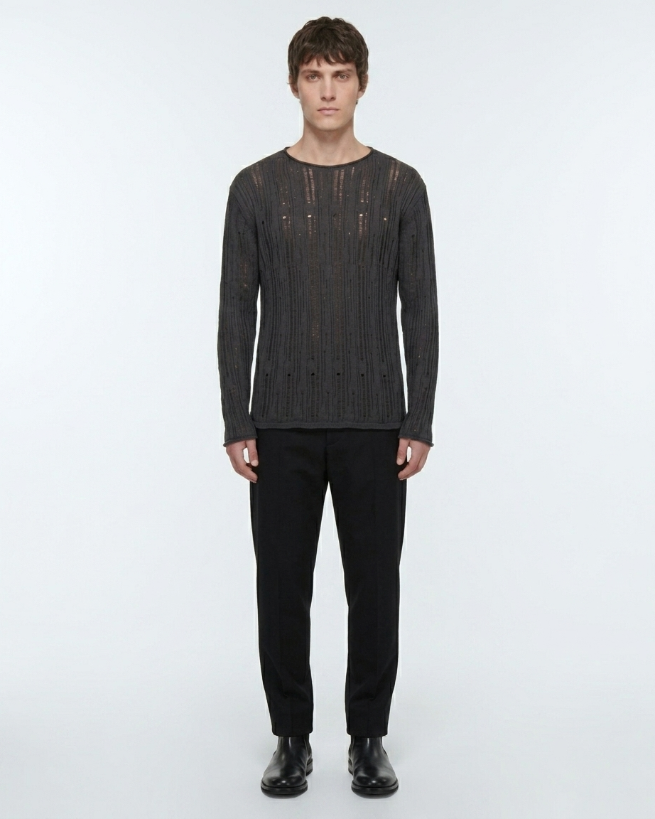 Kalidas Noir Open Knit Crew Neck Sweater – Charcoal Black