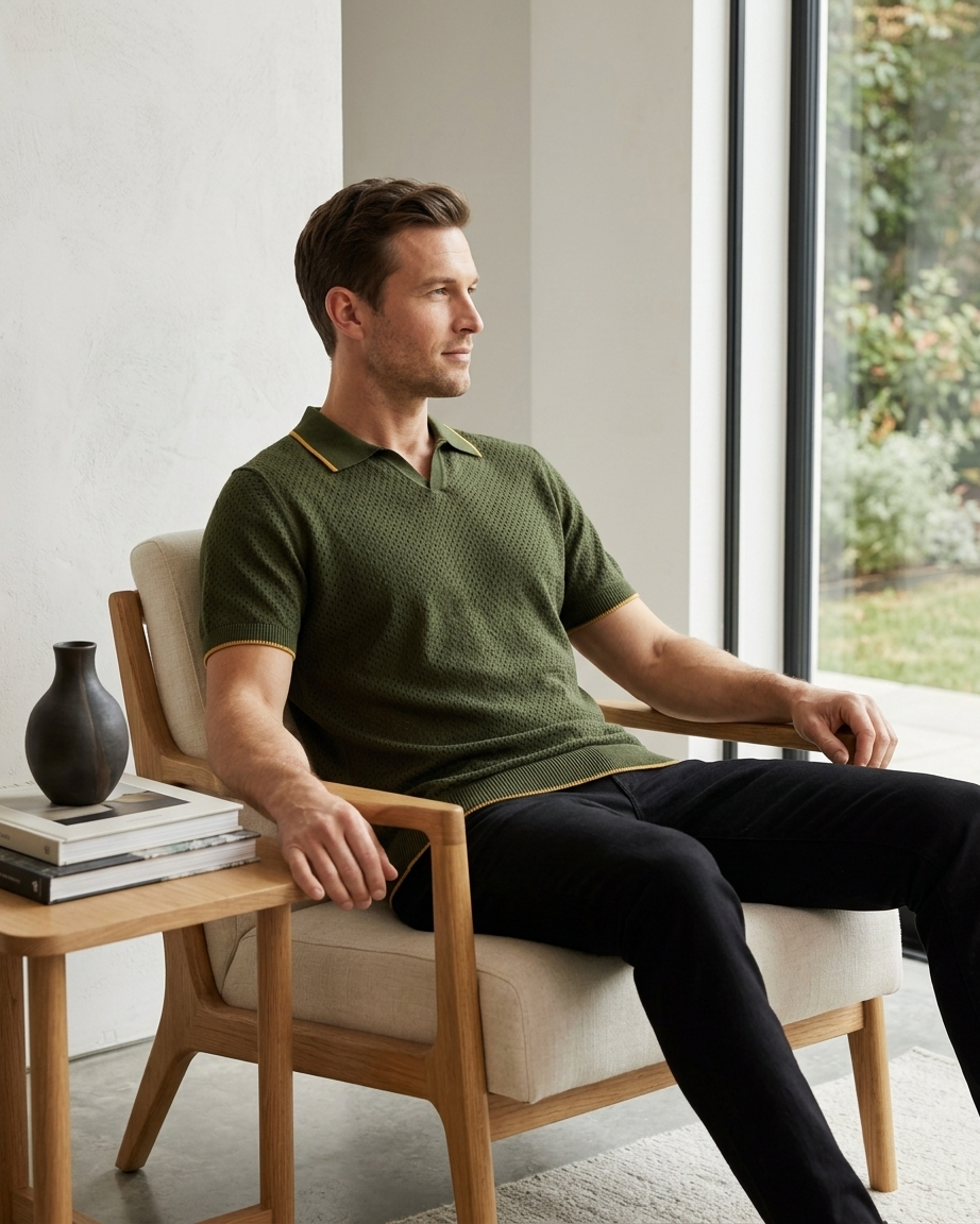 Kalidas Aero Mesh Knit Polo – Olive Green