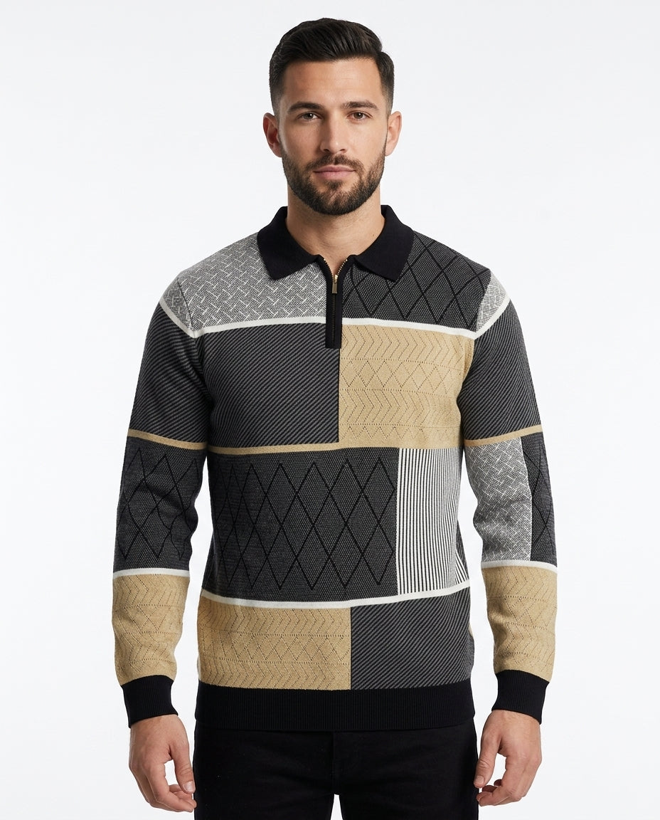 Kalidas Mosaic Knit Quarter-Zip Sweater – Charcoal Multi