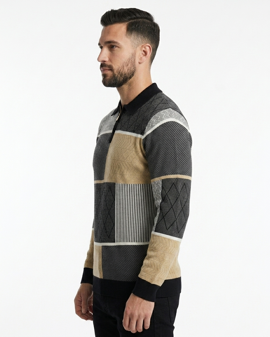 Kalidas Mosaic Knit Quarter-Zip Sweater – Charcoal Multi