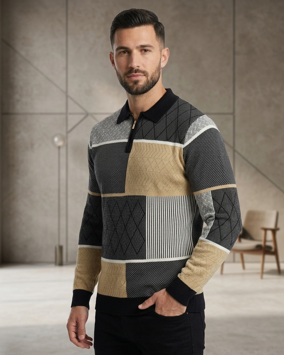Kalidas Mosaic Knit Quarter-Zip Sweater – Charcoal Multi