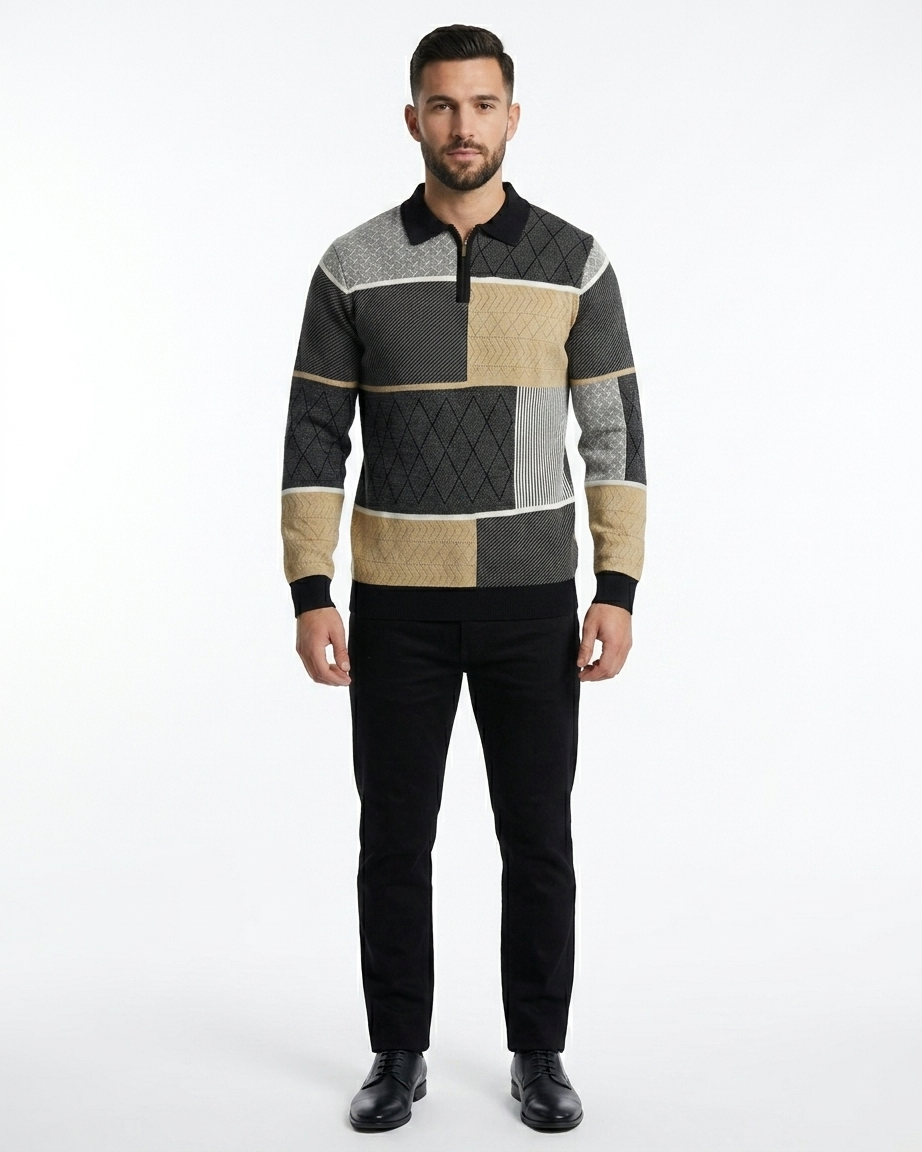 Kalidas Mosaic Knit Quarter-Zip Sweater – Charcoal Multi