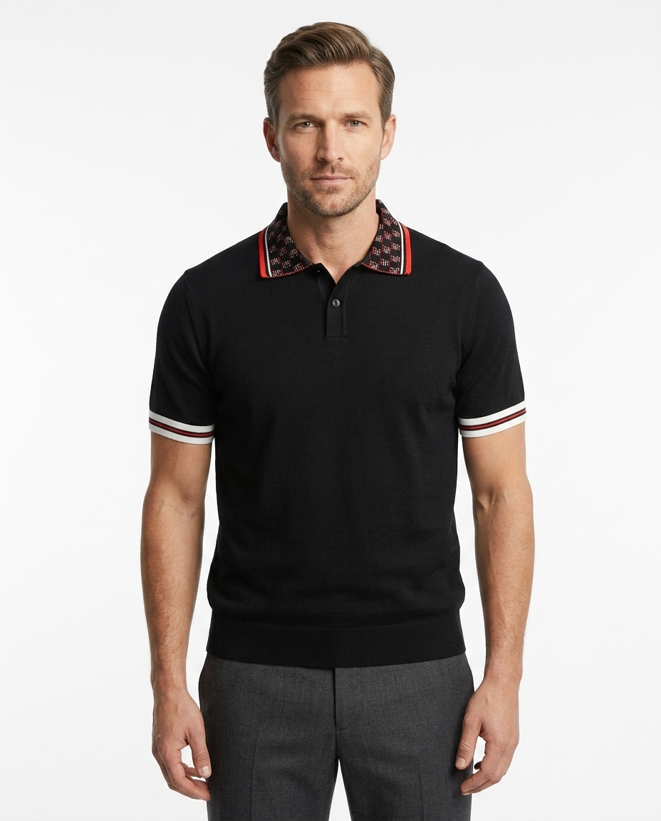 Kalidas Signature Contrast Collar Knit Polo – Midnight Black