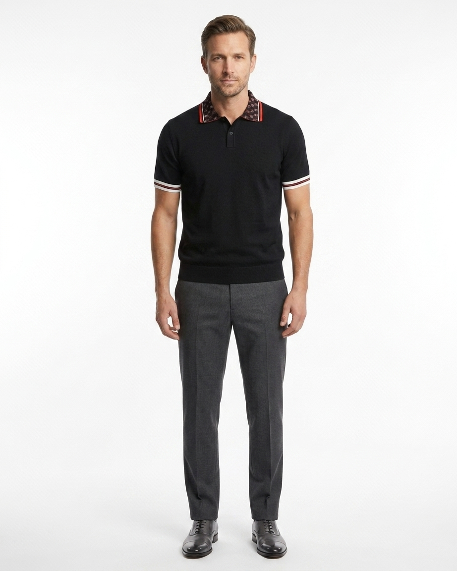 Kalidas Signature Contrast Collar Knit Polo – Midnight Black