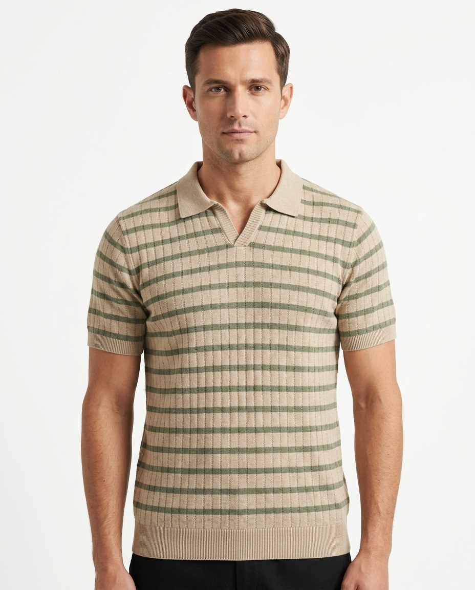 Kalidas Camel Stripe Knit Polo – Olive