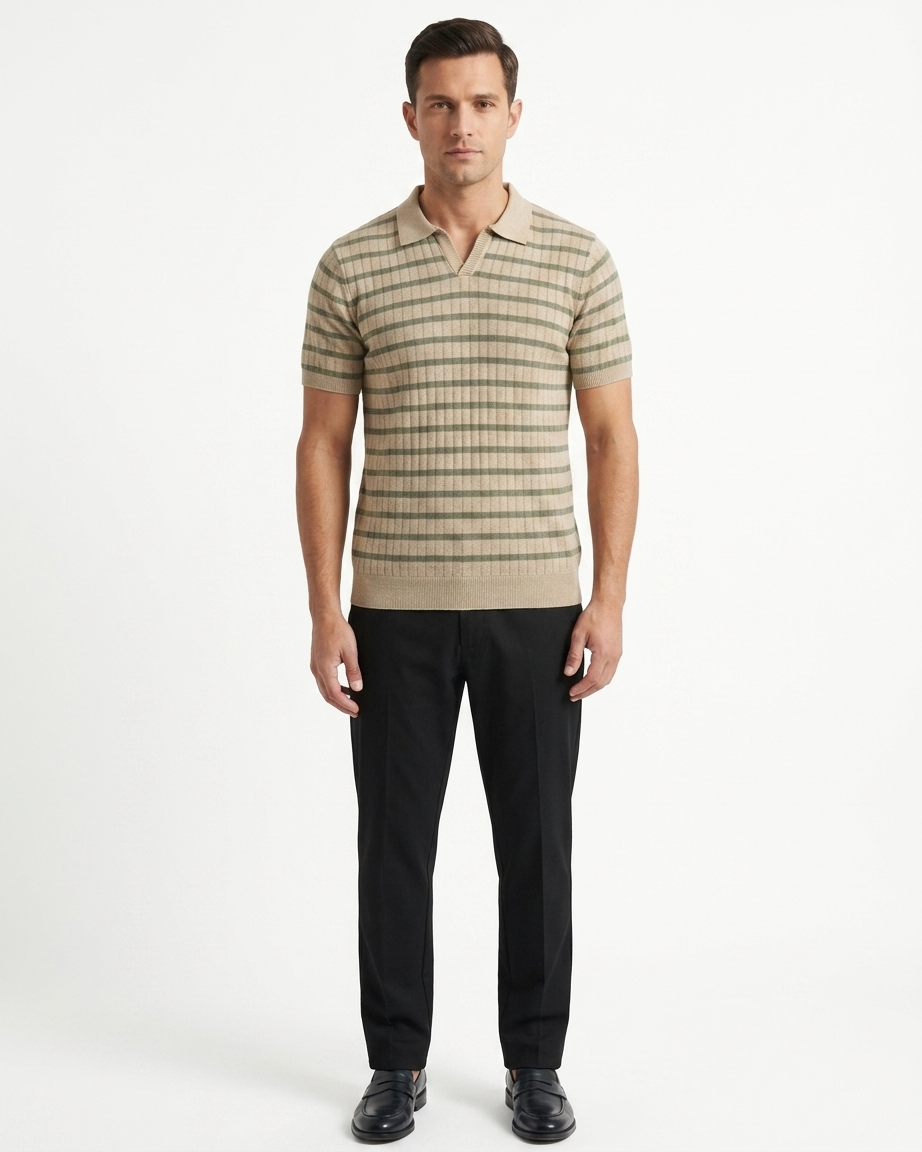 Kalidas Camel Stripe Knit Polo – Olive