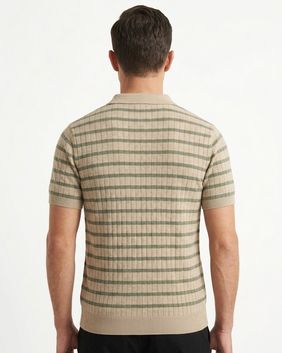 Kalidas Camel Stripe Knit Polo – Olive