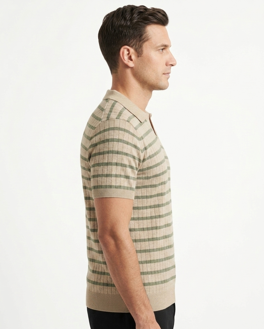 Kalidas Camel Stripe Knit Polo – Olive