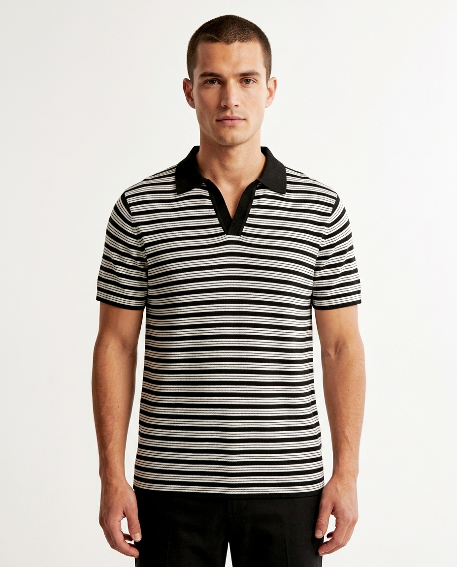 Kalidas Breton Stripe Knit Polo – Black & Ivory