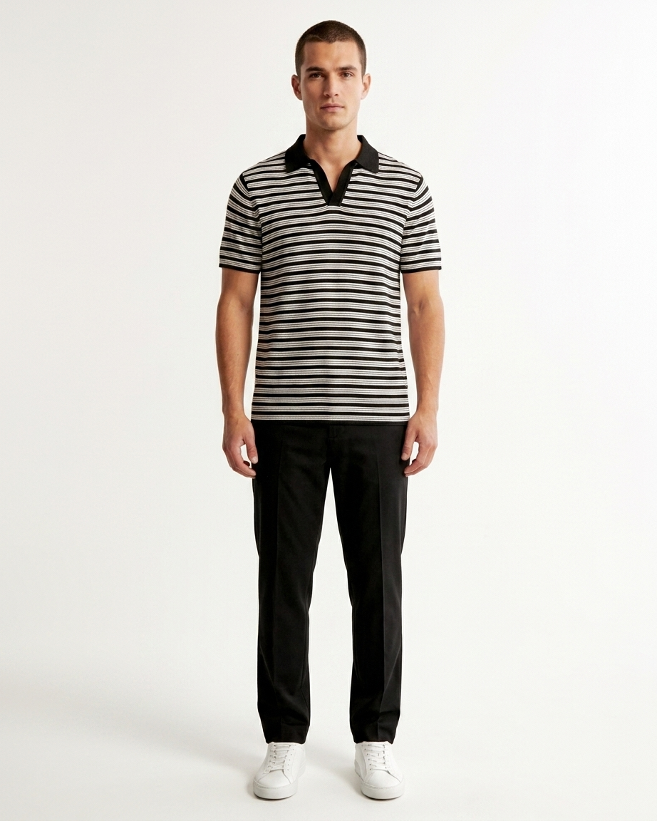 Kalidas Breton Stripe Knit Polo – Black & Ivory