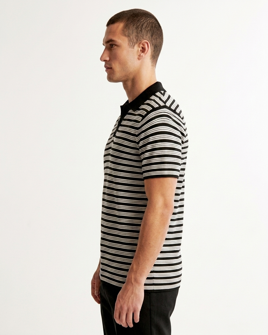 Kalidas Breton Stripe Knit Polo – Black & Ivory