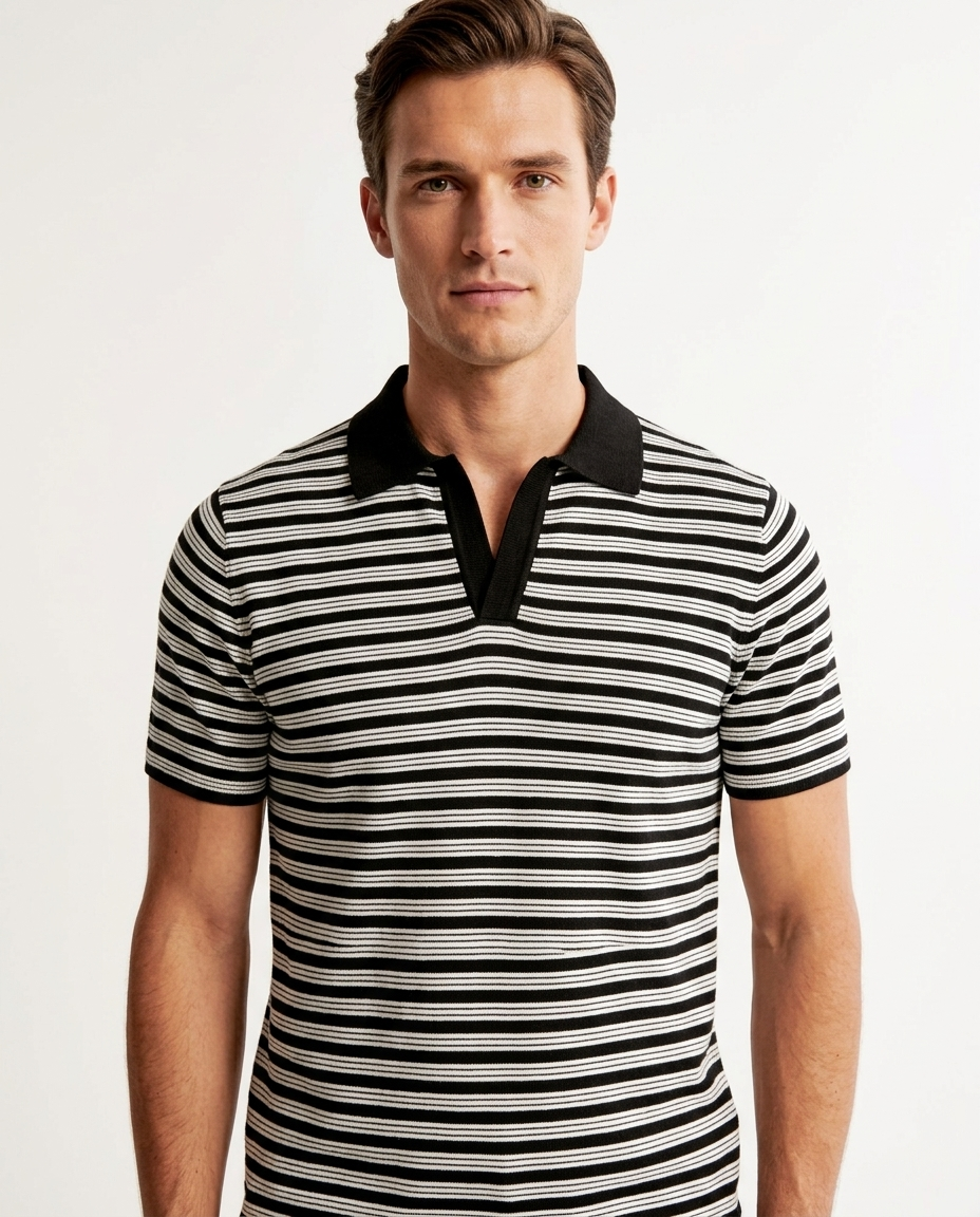 Kalidas Breton Stripe Knit Polo – Black & Ivory