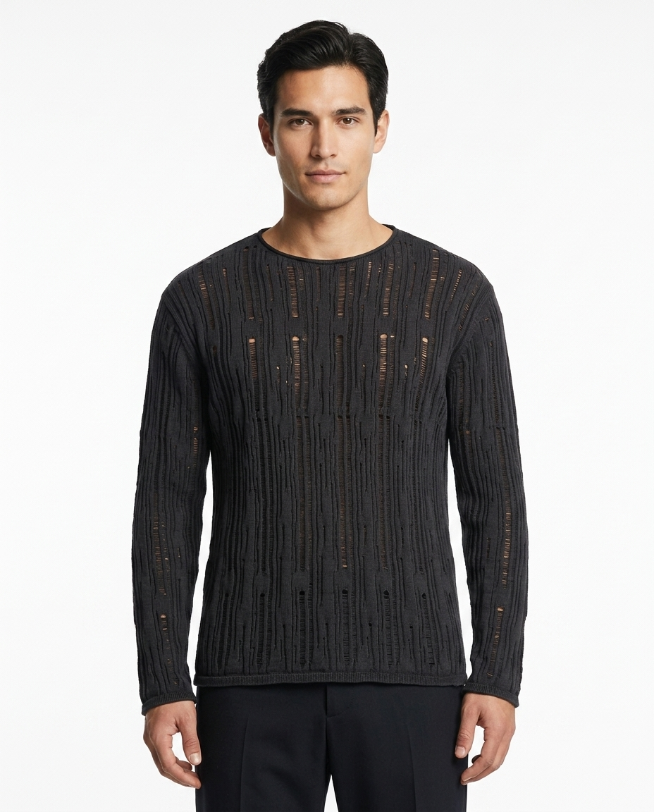 Kalidas Noir Open Knit Crew Neck Sweater – Charcoal Black