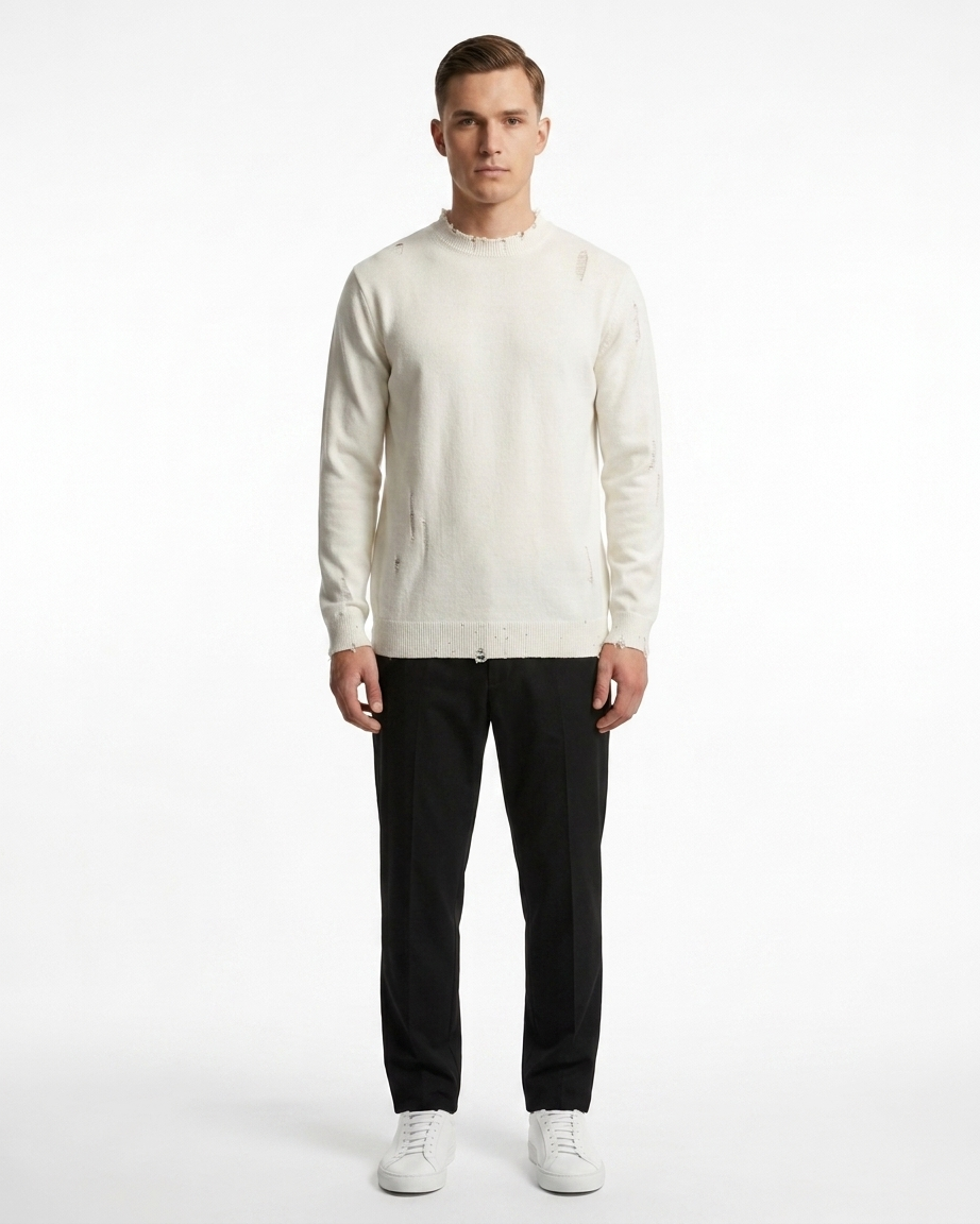 Kalidas Heritage Distressed Fine Knit Sweater – Ivory White
