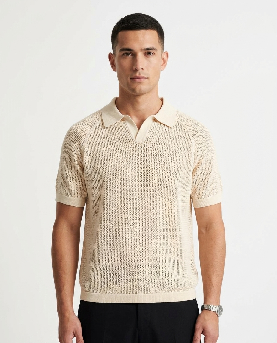 Kalidas Heritage Honeycomb Flat Knit Polo – Cream Ivory