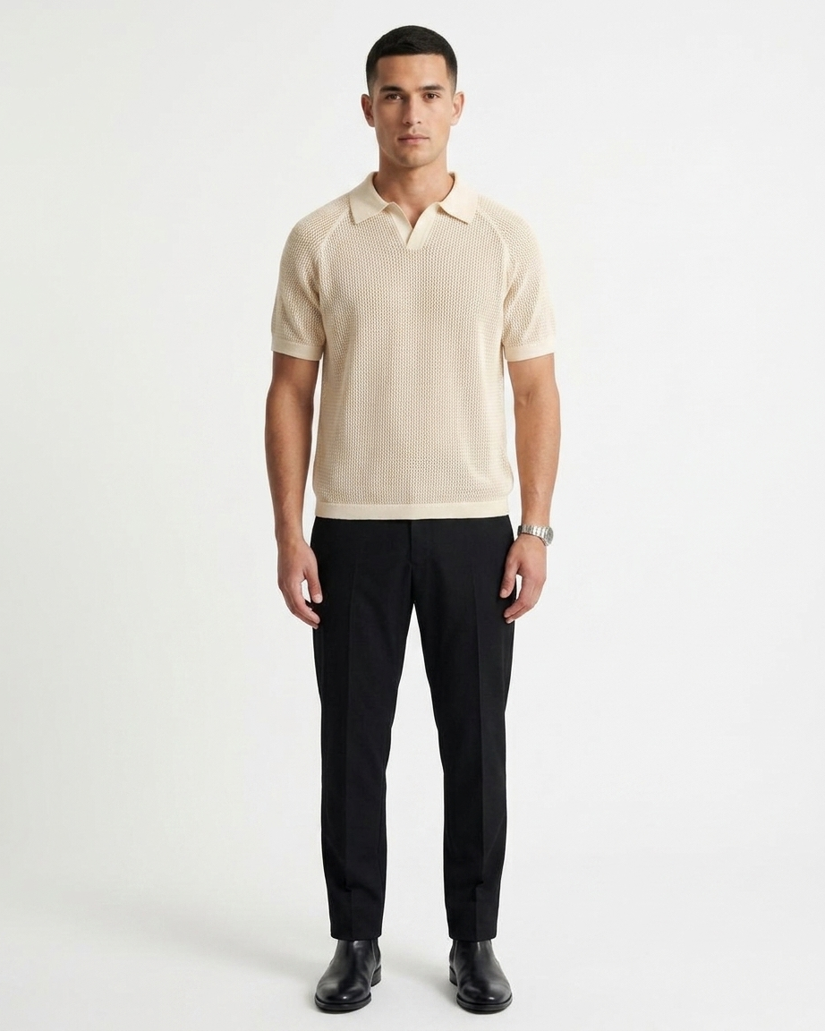 Kalidas Heritage Honeycomb Flat Knit Polo – Cream Ivory