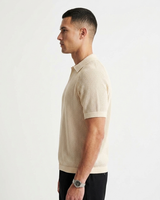 Kalidas Heritage Honeycomb Flat Knit Polo – Cream Ivory