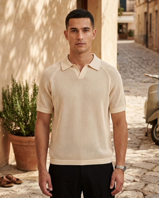 Kalidas Heritage Honeycomb Flat Knit Polo – Cream Ivory