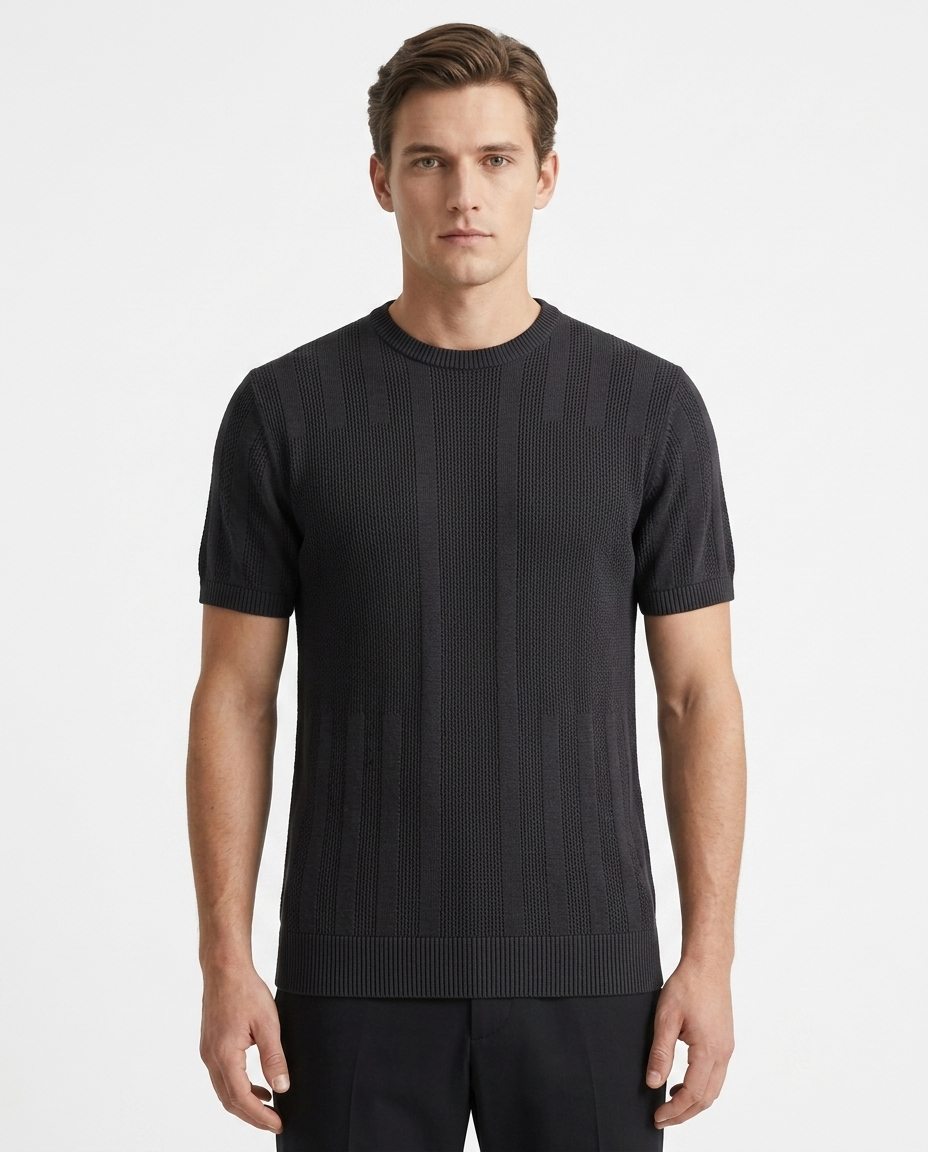 Kalidas Heritage Vertical Texture Flat Knit T-Shirt – Charcoal Black