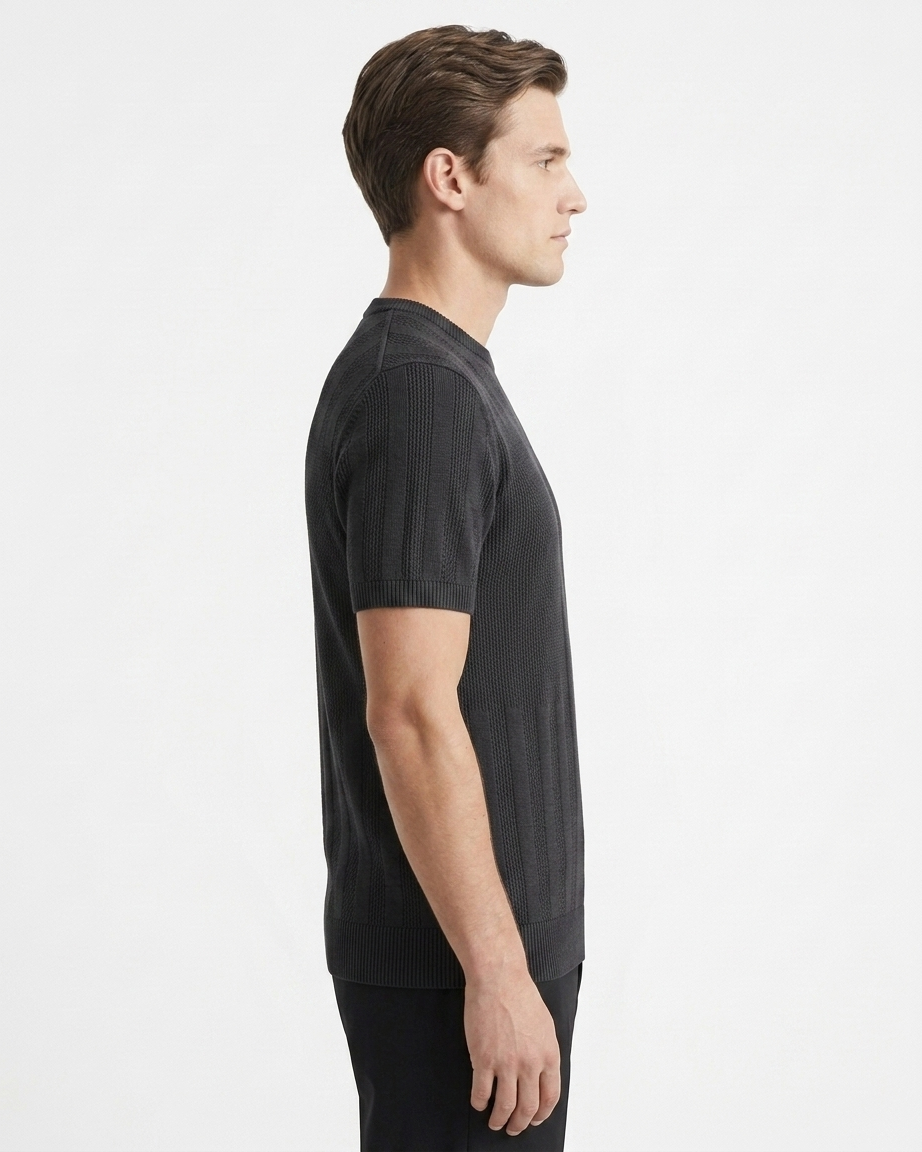 Kalidas Heritage Vertical Texture Flat Knit T-Shirt – Charcoal Black
