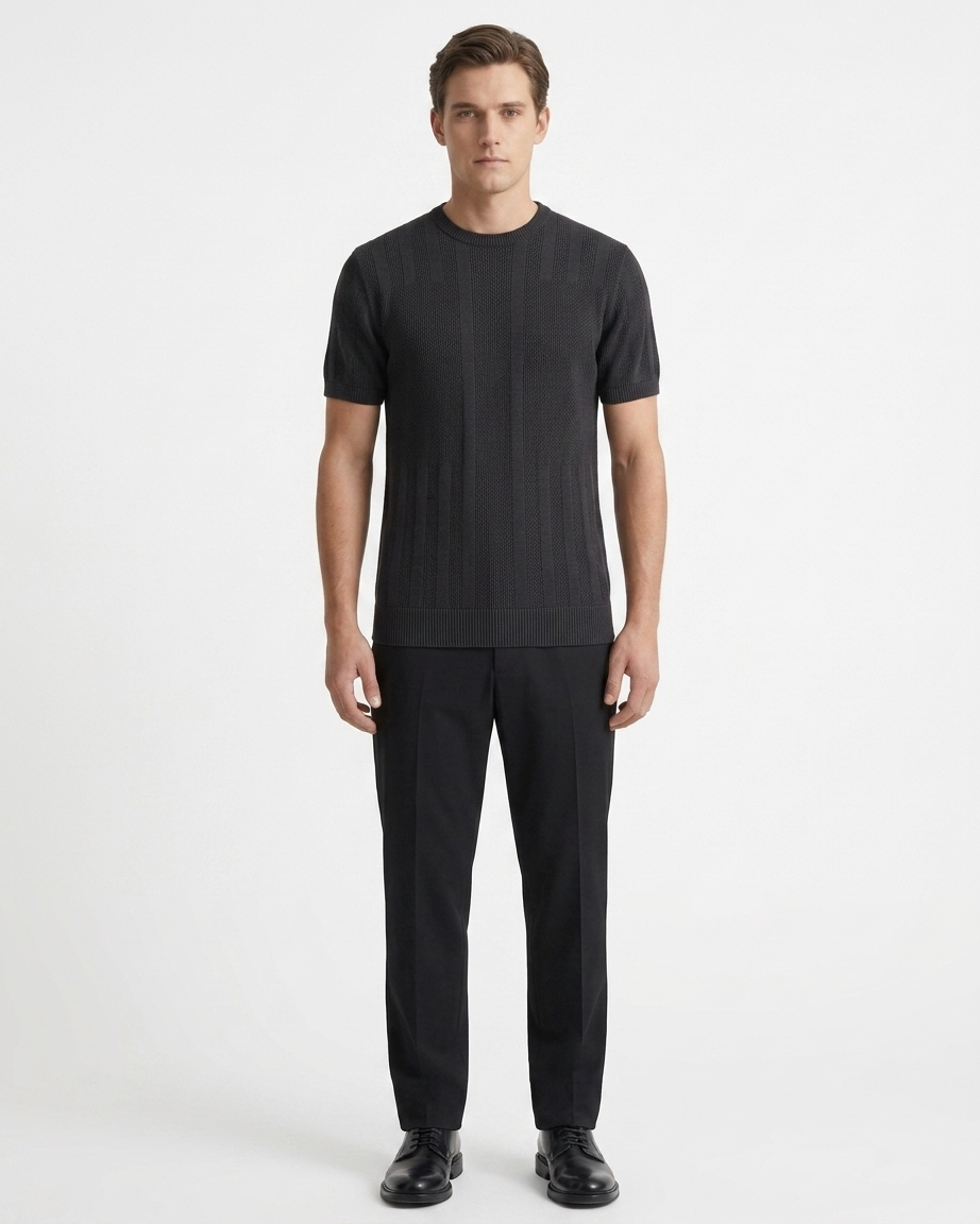 Kalidas Heritage Vertical Texture Flat Knit T-Shirt – Charcoal Black