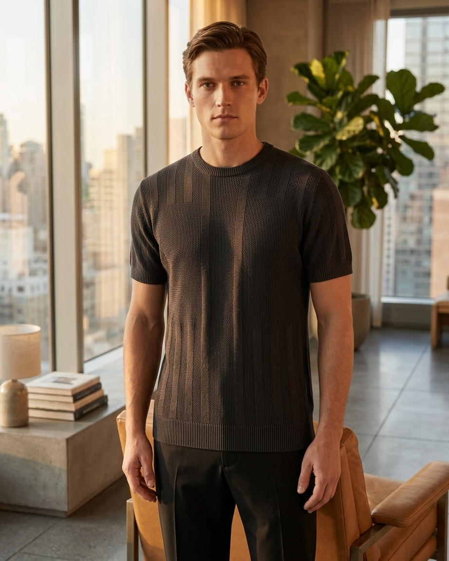 Kalidas Heritage Vertical Texture Flat Knit T-Shirt – Charcoal Black