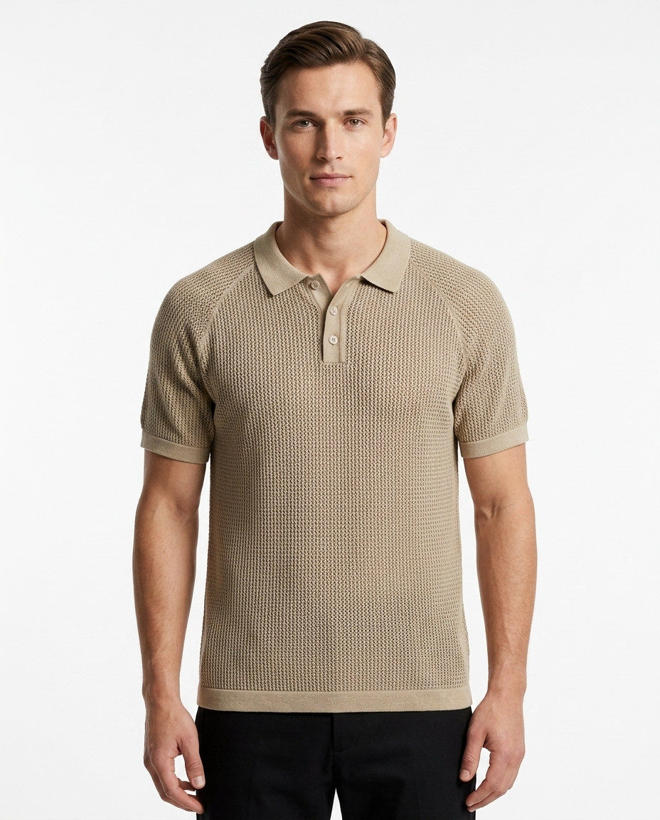 Kalidas Verona Textured Flat Knit Polo – Sand Beige