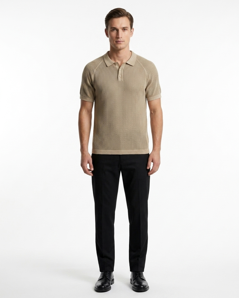 Kalidas Verona Textured Flat Knit Polo – Sand Beige