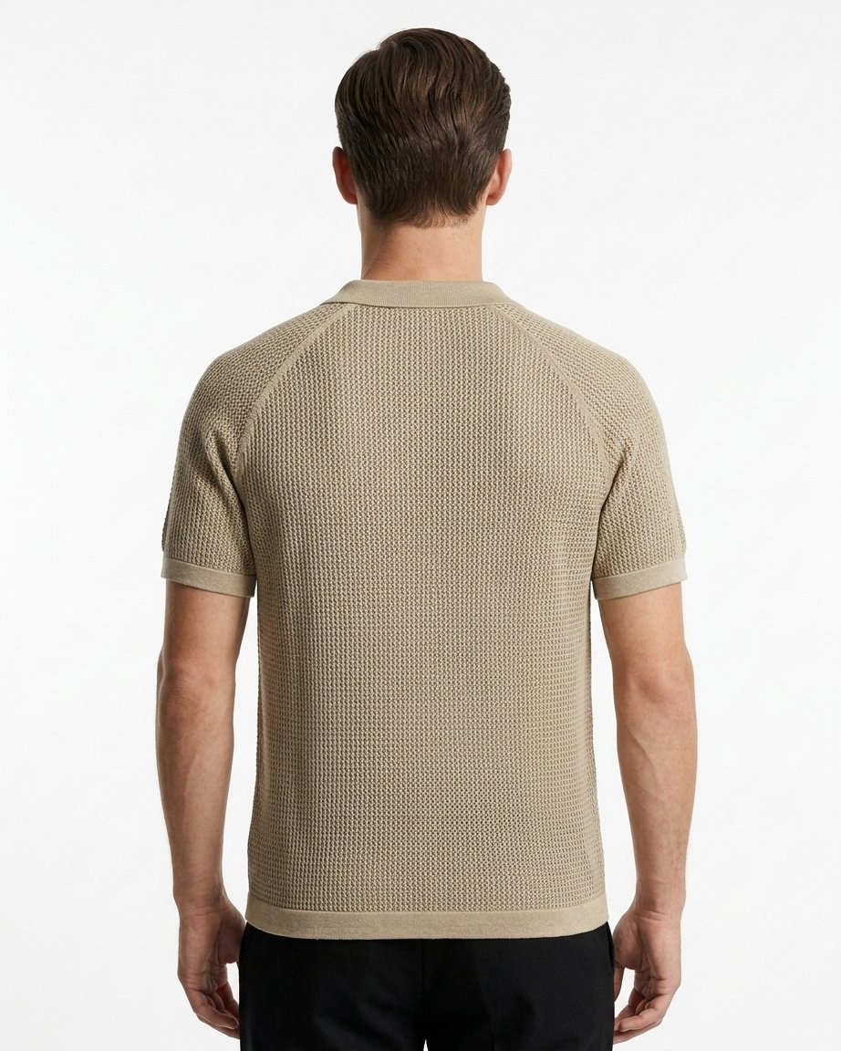 Kalidas Verona Textured Flat Knit Polo – Sand Beige