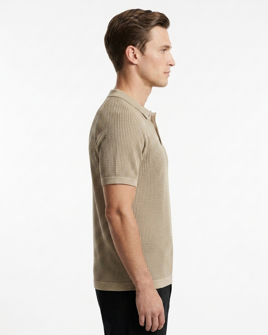 Kalidas Verona Textured Flat Knit Polo – Sand Beige