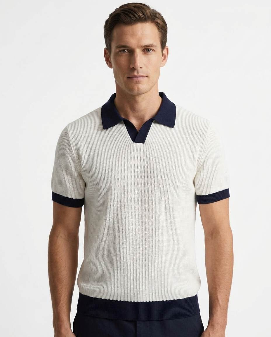 Kalidas Riviera Contrast Flat Knit Polo – Ivory & Navy