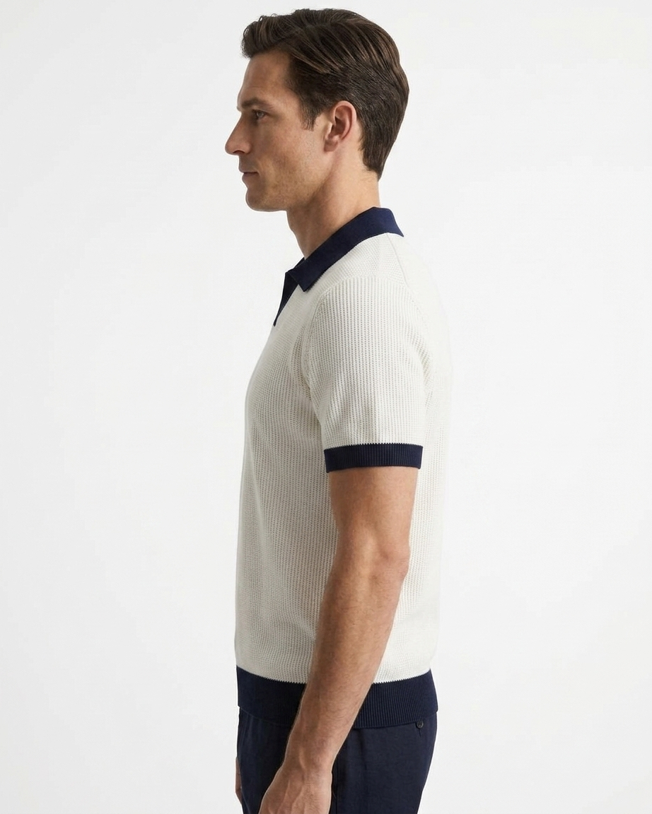 Kalidas Riviera Contrast Flat Knit Polo – Ivory & Navy