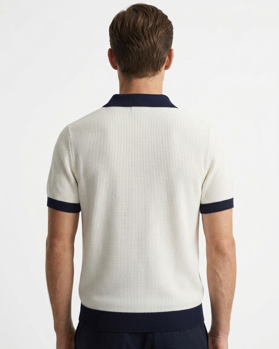 Kalidas Riviera Contrast Flat Knit Polo – Ivory & Navy