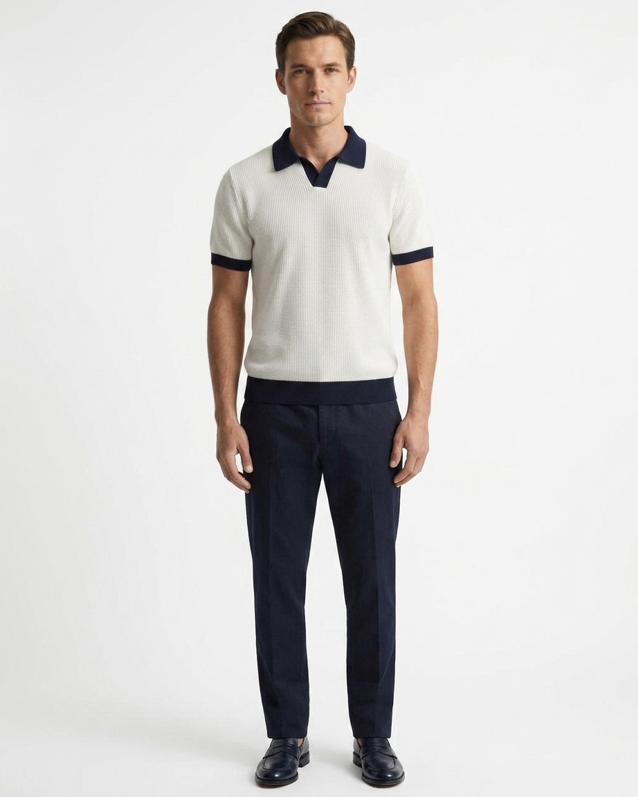 Kalidas Riviera Contrast Flat Knit Polo – Ivory & Navy