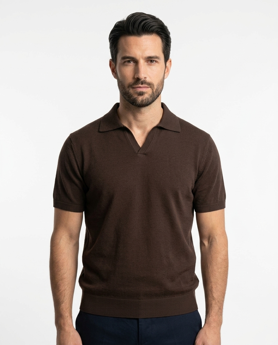 Kalidas Milano Open Collar Flat Knit Polo – Espresso Brown