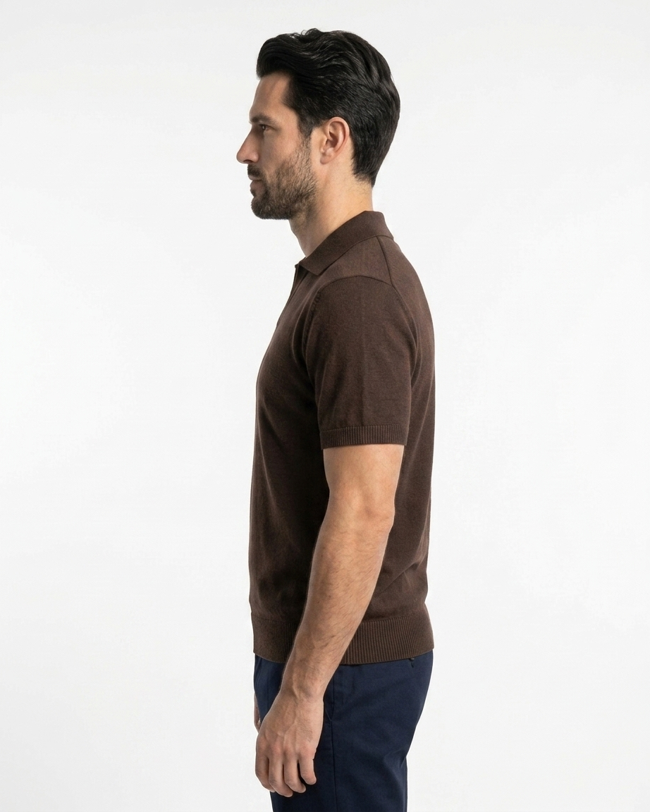 Kalidas Milano Open Collar Flat Knit Polo – Espresso Brown